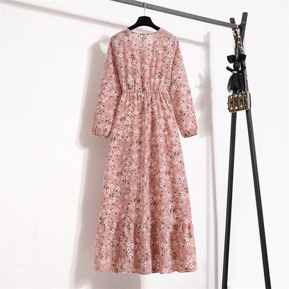Women’s Floral Chiffon Midi Dress With Long Sleeves