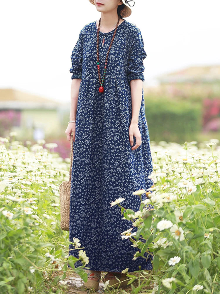 Women’s Boho Floral Maxi Dress Ankle-Length Cotton