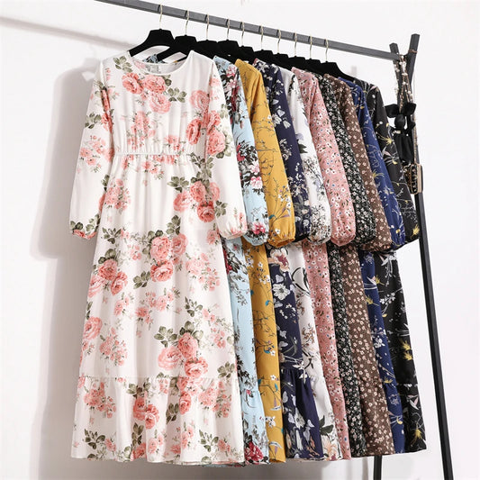 Women’s Floral Chiffon Midi Dress With Long Sleeves