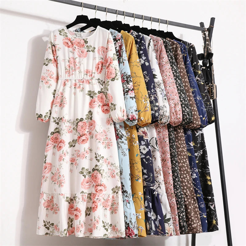 Women’s Floral Chiffon Midi Dress With Long Sleeves